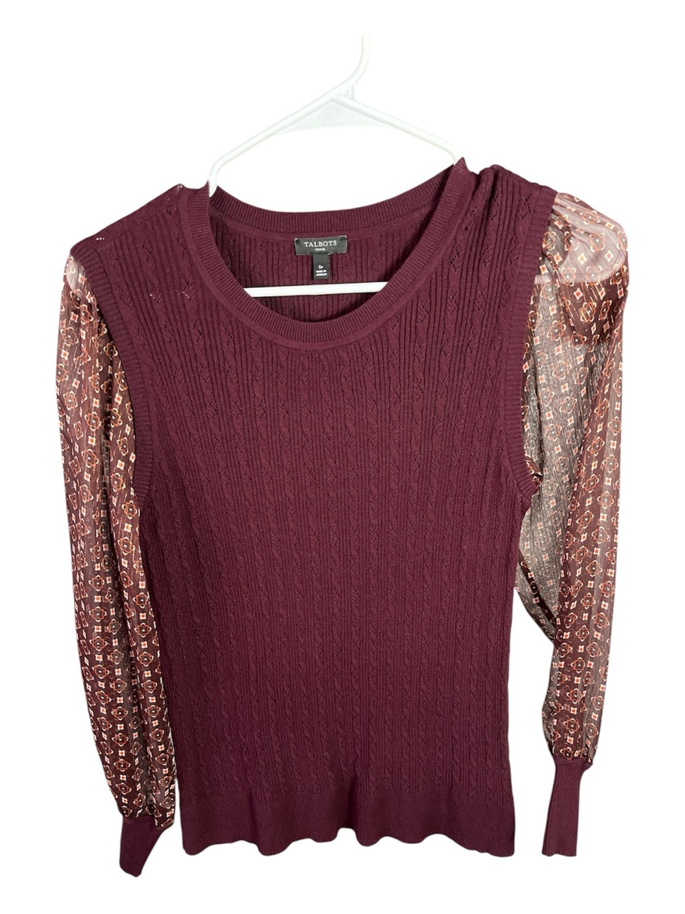 Talbots SP Burgundy Cable Knit Mixed Media Sweater Sheer Shimmer Sleeves Size SP